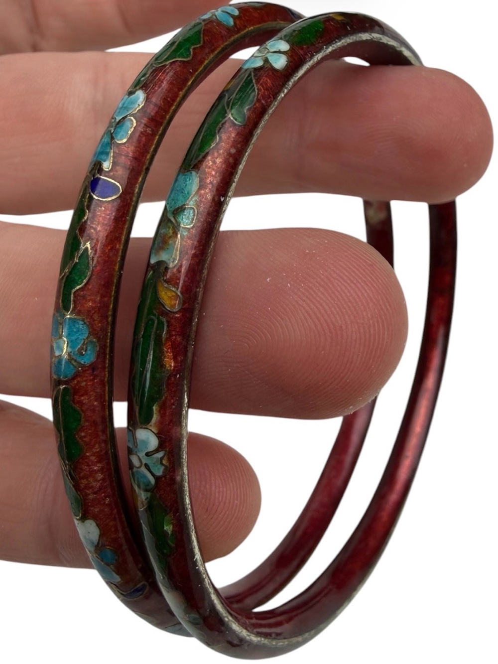 Vintage Lot of 2 Cloisonné Floral Bangles Burgundy Red Estate Jewelry